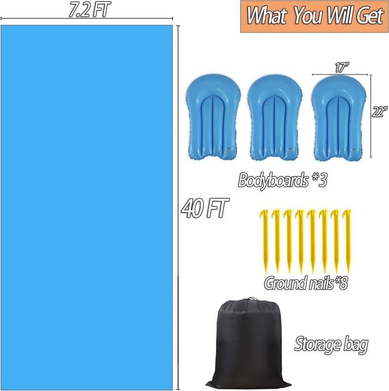 Extra Long Slip n Slide for Adults with 3 Bodyboards (40 x 7.2 FT)