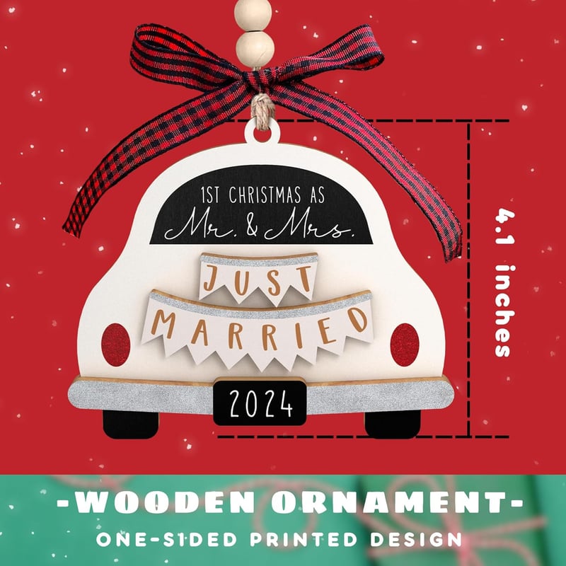 First Christmas Married Ornament 2024 - Mr & Mrs Wooden Gift