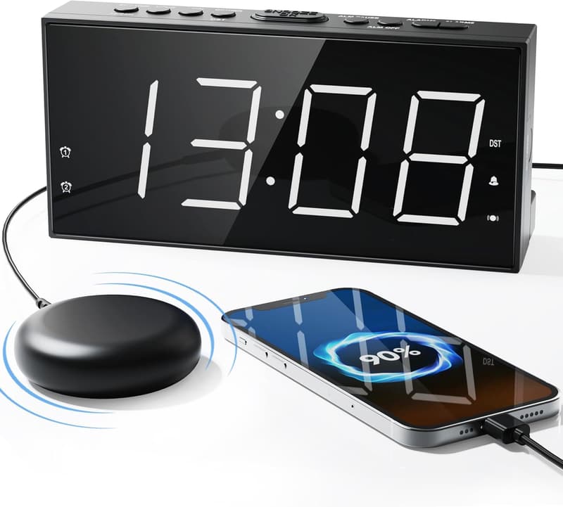 Vibrating Alarm Clock with Bed Shaker & USB Charger for Heavy Sleepers