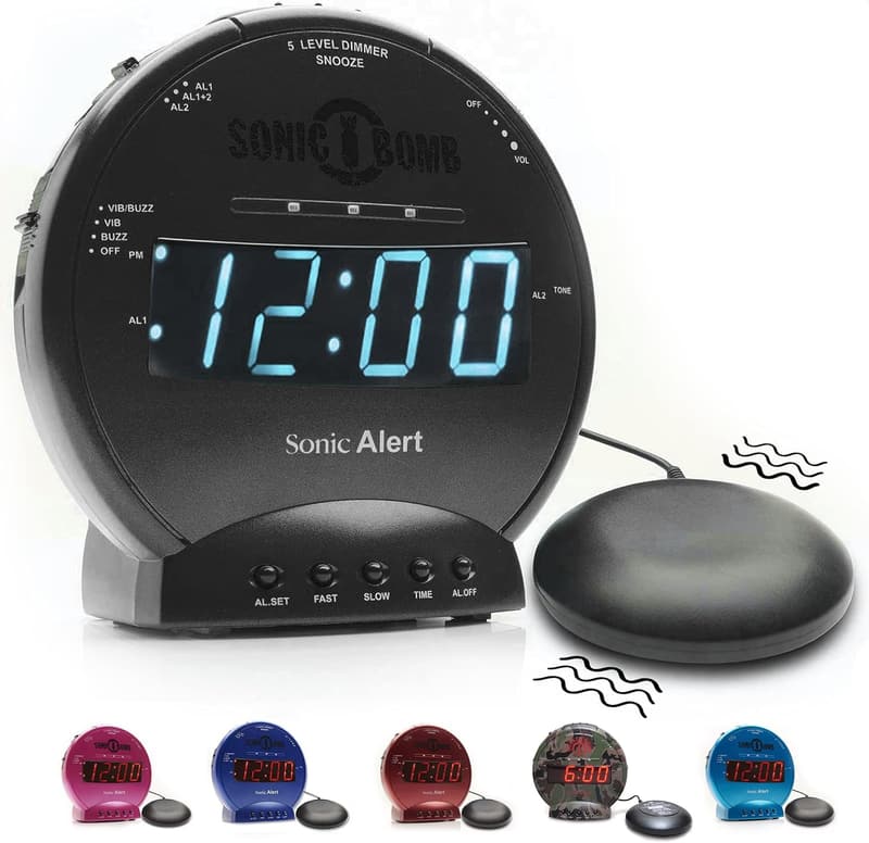 Sonic Bomb Dual Alarm Clock with Bed Shaker for Heavy Sleepers