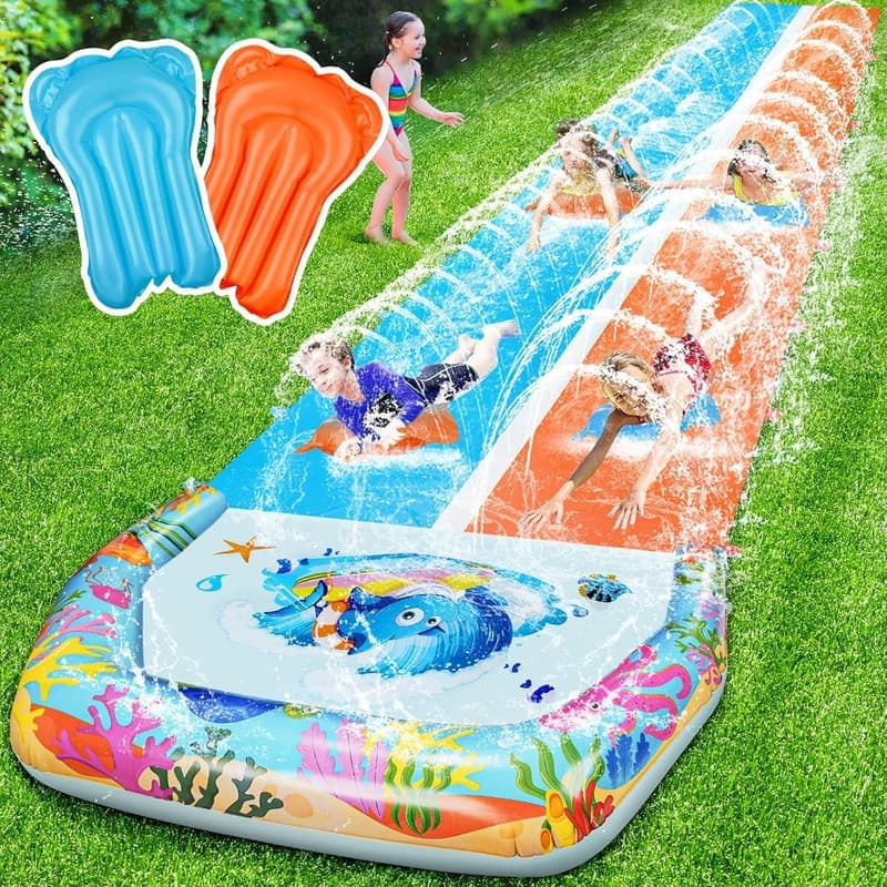 40FT Double Water Slide with Bodyboards for Summer Fun