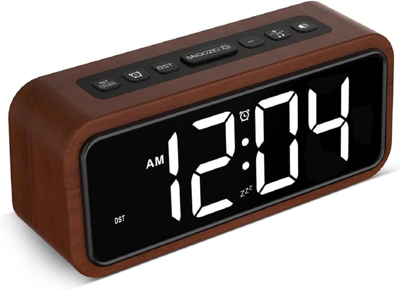 Loud Digital Wooden Alarm Clock with Snooze and 12 Ringtones