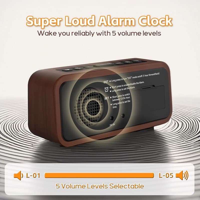 Loud Digital Wooden Alarm Clock with Snooze and 12 Ringtones