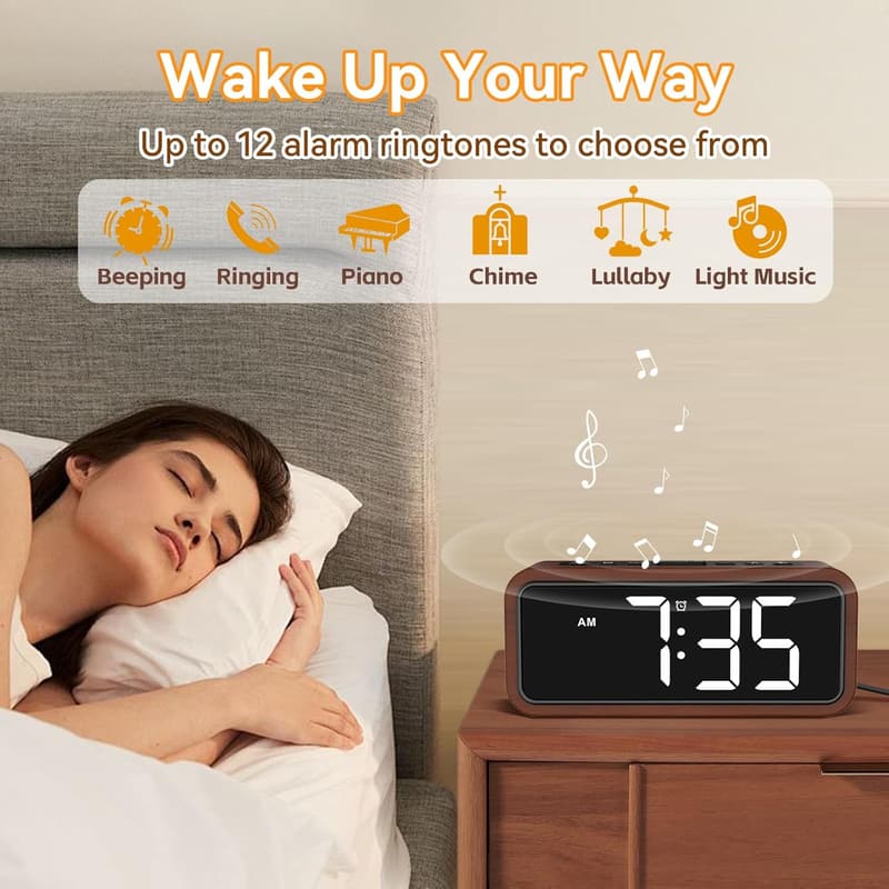 Loud Digital Wooden Alarm Clock with Snooze and 12 Ringtones