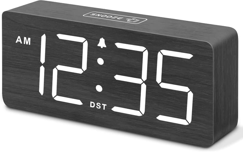 Wooden Digital Alarm Clock for Heavy Sleepers - Volume Control, Large Numbers