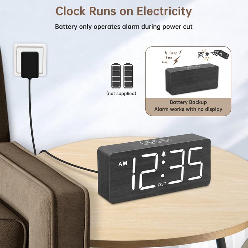 Wooden Digital Alarm Clock for Heavy Sleepers - Volume Control, Large Numbers