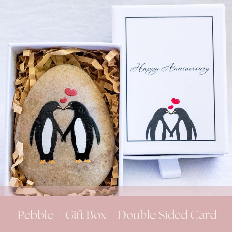 First Anniversary Penguin Pebble Keepsake for Couples