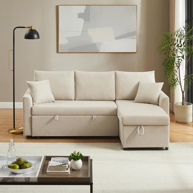 L-Shaped Convertible Sleeper Sofa with USB-C Charging, Beige