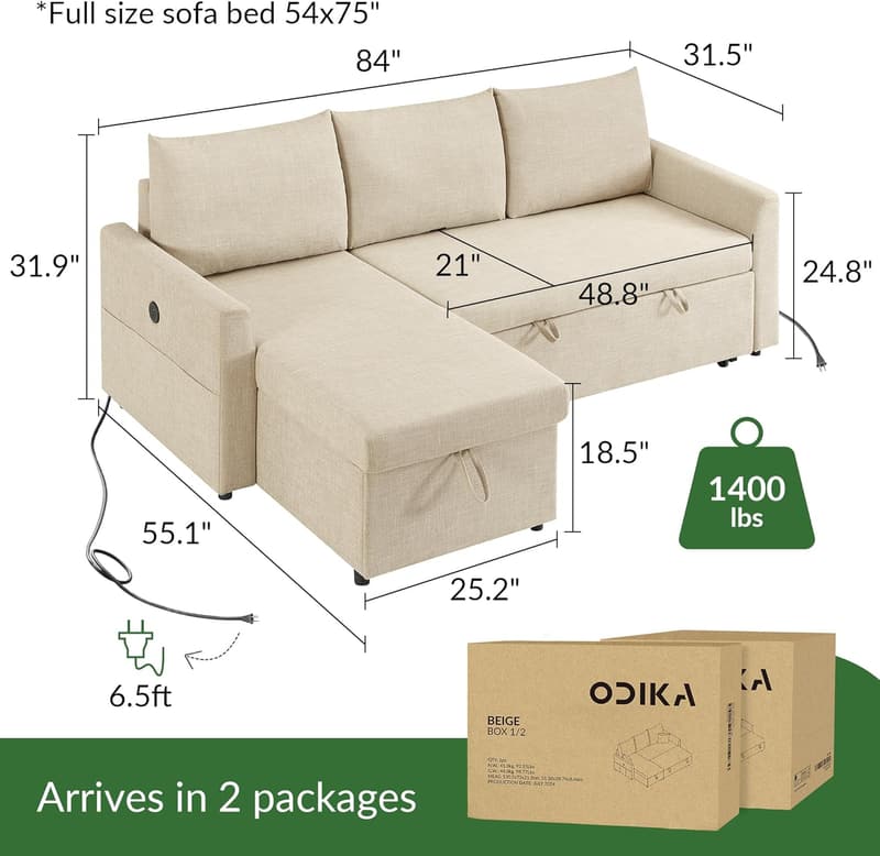 L-Shaped Convertible Sleeper Sofa with USB-C Charging, Beige