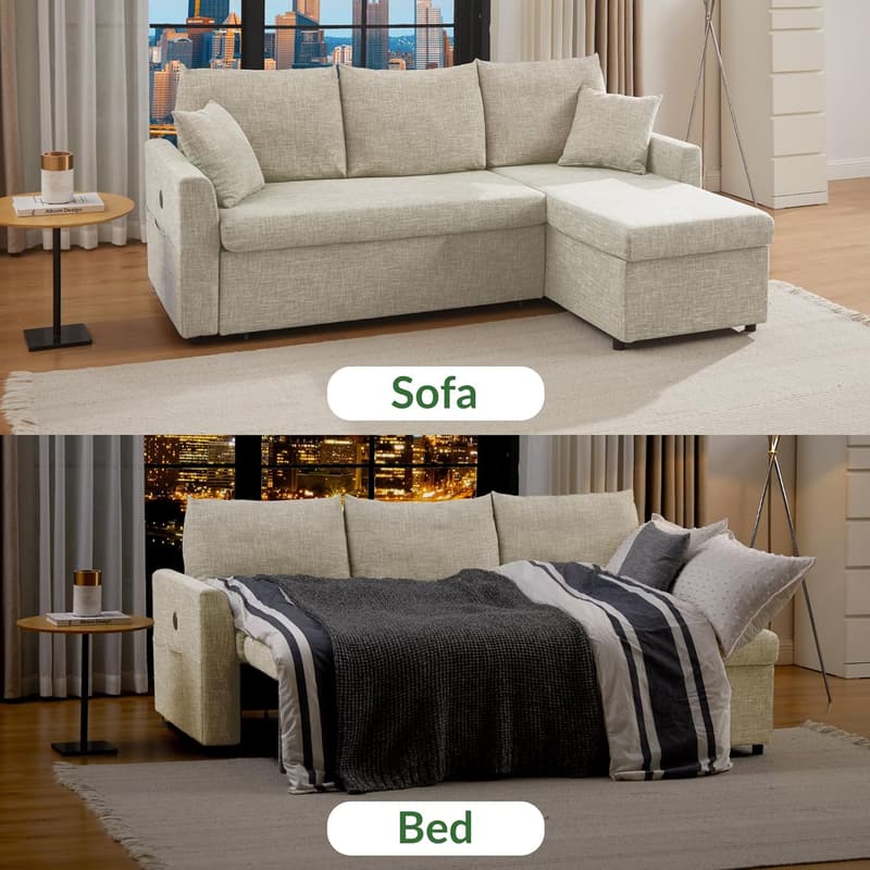L-Shaped Convertible Sleeper Sofa with USB-C Charging, Beige