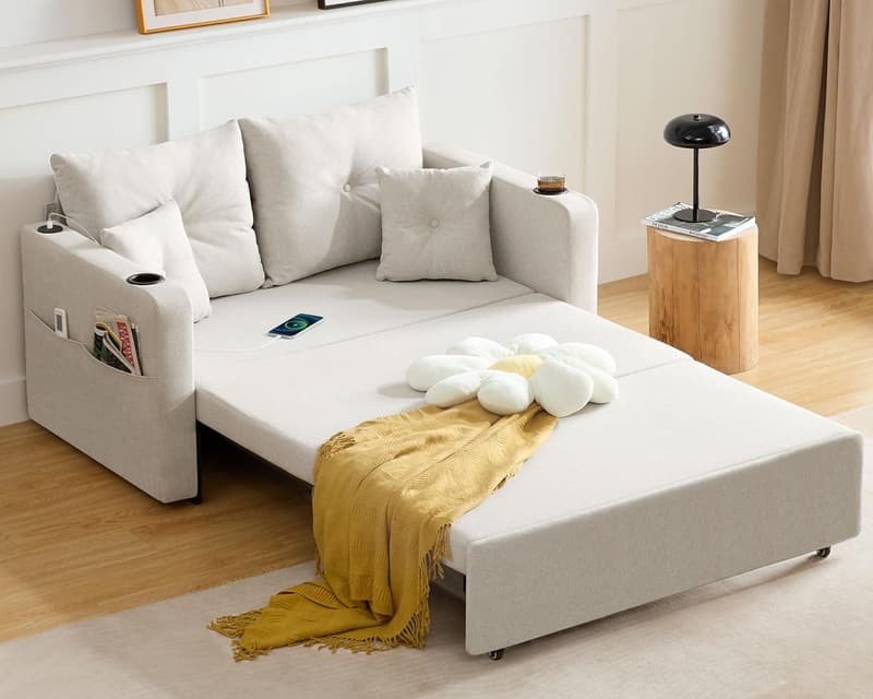 Beige 3-in-1 Convertible Sofa Bed with Storage & USB