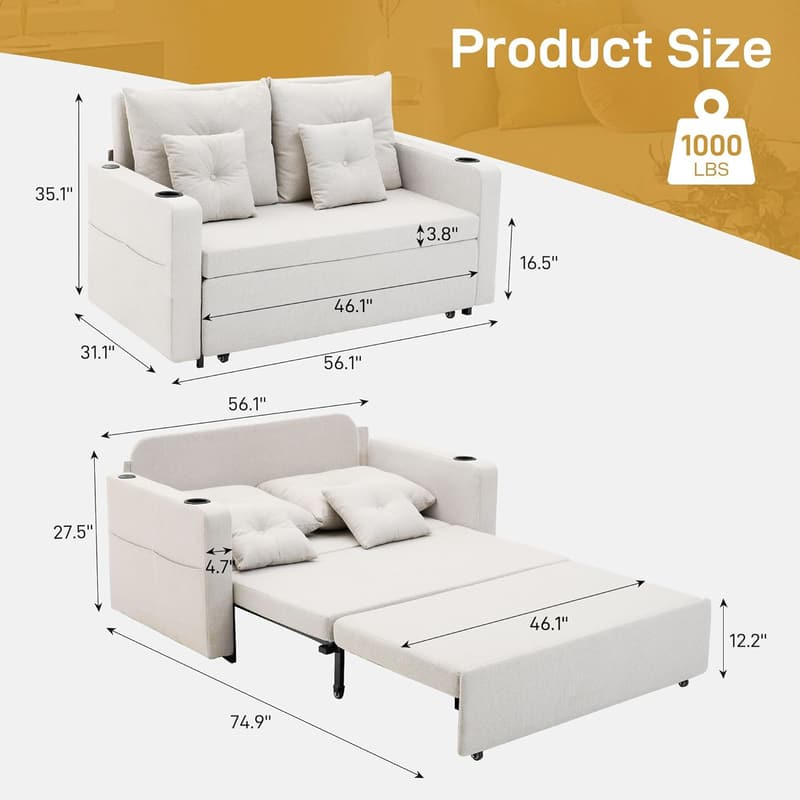 Beige 3-in-1 Convertible Sofa Bed with Storage & USB