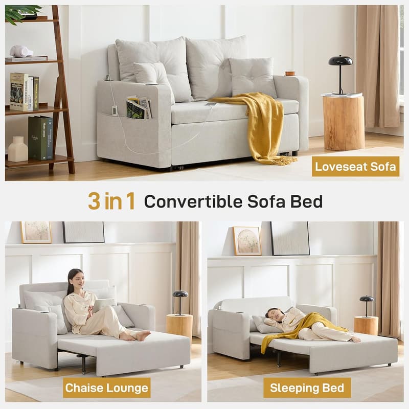 Beige 3-in-1 Convertible Sofa Bed with Storage & USB