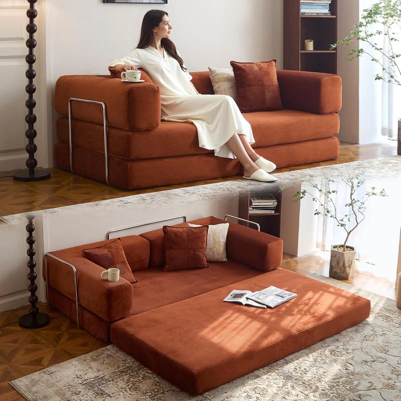 Convertible Sofa Bed - Corduroy Fabric Sectional (Orange)