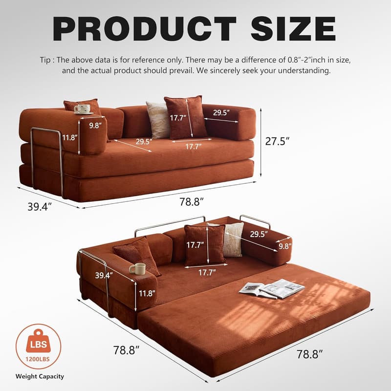 Convertible Sofa Bed - Corduroy Fabric Sectional (Orange)