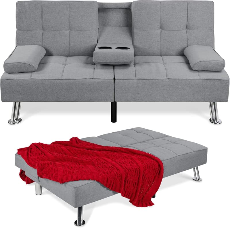 Modern Linen Folding Futon Sofa Bed with Armrests - Gray