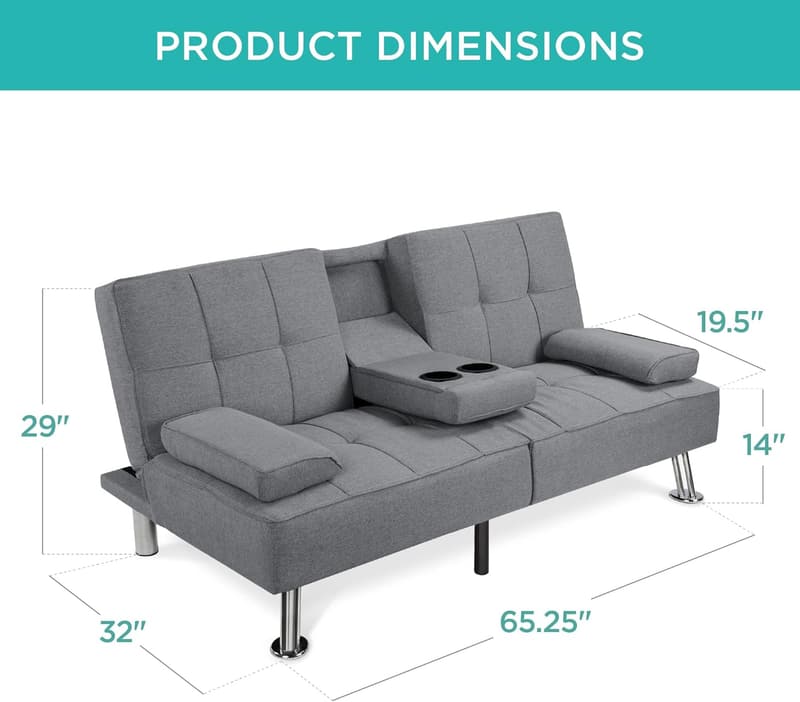 Modern Linen Folding Futon Sofa Bed with Armrests - Gray