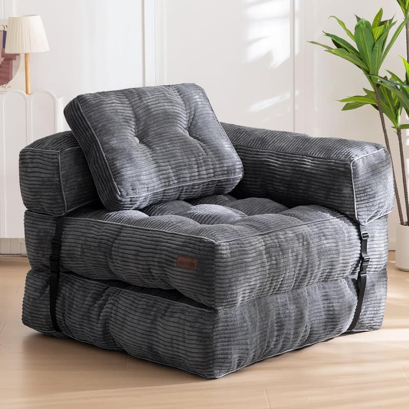 L-Shaped Convertible Sofa Bed with Armrest - Dark Grey