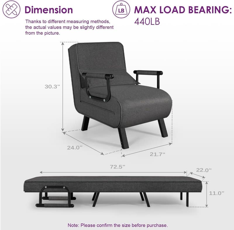 Convertible Sleeper Chair with Adjustable Backrest for Small Spaces