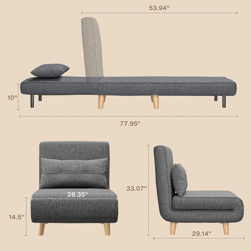 Convertible Dark Grey 3-in-1 Sleeper Chair Bed for Apartments