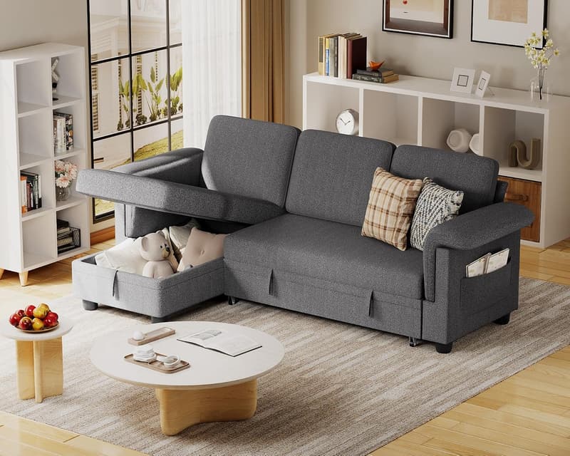 L-Shaped Convertible Sofa Bed with Storage in Grey Linen