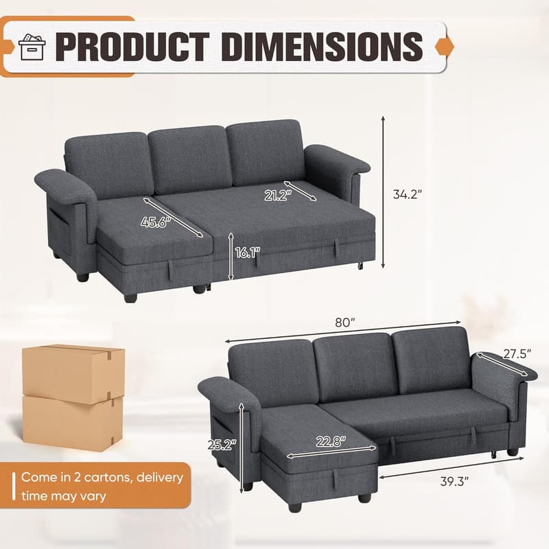 L-Shaped Convertible Sofa Bed with Storage in Grey Linen