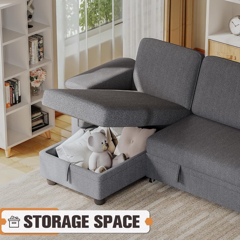 L-Shaped Convertible Sofa Bed with Storage in Grey Linen