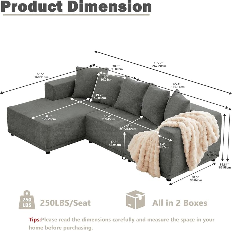 Modern L-Shaped Convertible Gray Sectional Sofa Bed for Living Room