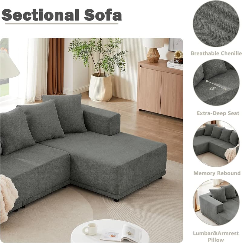 Modern L-Shaped Convertible Gray Sectional Sofa Bed for Living Room