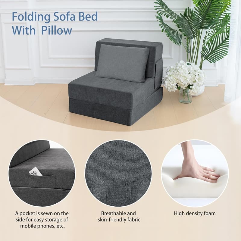 Convertible Folding Sofa Bed Chair with Pillow - Grey