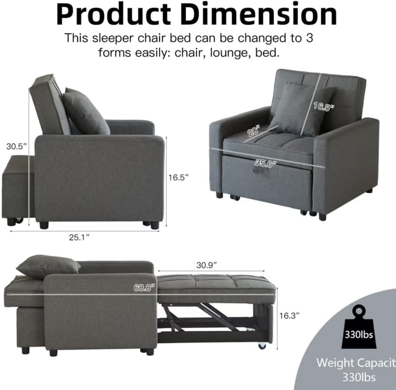 3-in-1 Convertible Sleeper Sofa Chair with Reclining Backrest