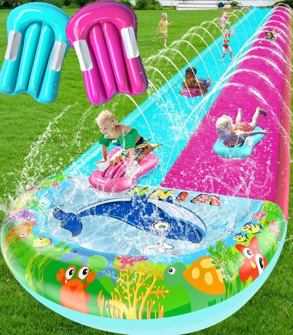 Giant 33FT Double Lane Water Slide with Splash Pool & Bodyboards