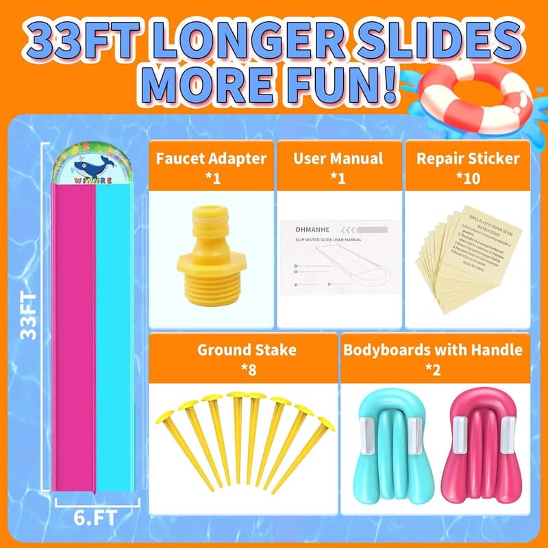 Giant 33FT Double Lane Water Slide with Splash Pool & Bodyboards