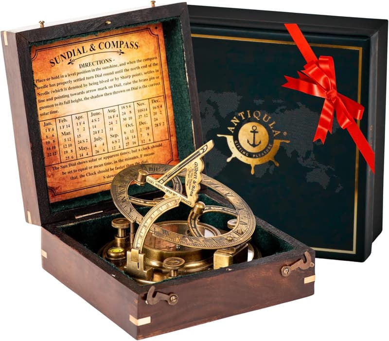 Steampunk Brass Sundial Compass in Rosewood Box - Vintage Gift for Men