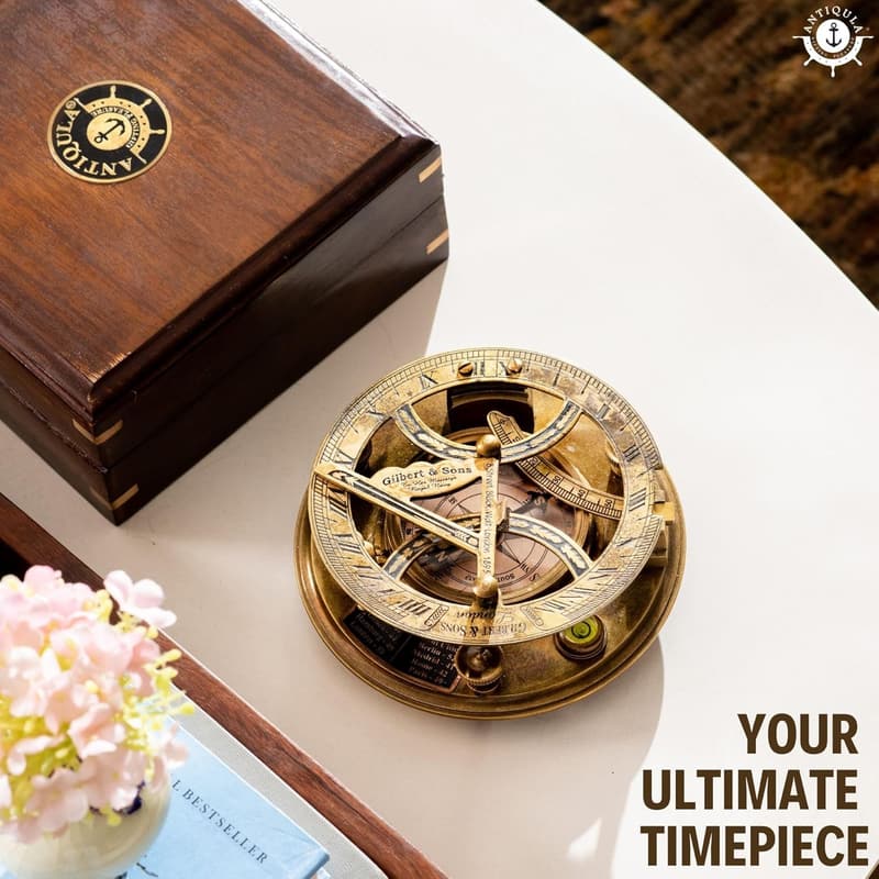 Steampunk Brass Sundial Compass in Rosewood Box - Vintage Gift for Men