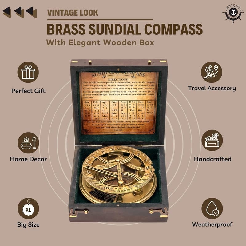 Steampunk Brass Sundial Compass in Rosewood Box - Vintage Gift for Men