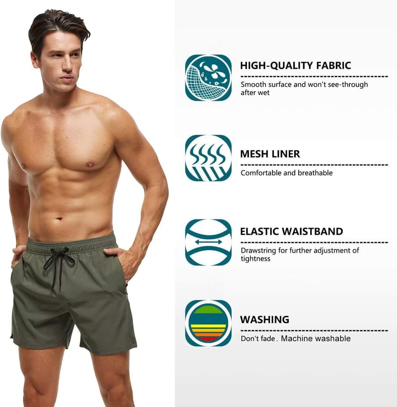 Men's Quick Dry Swim Trunks with Zipper Pockets and Mesh Lining