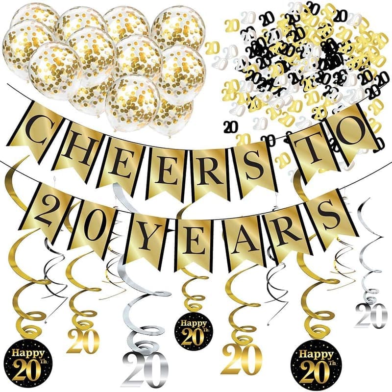 20th Birthday Party Decorations Pack - Banner, Balloons & Confetti