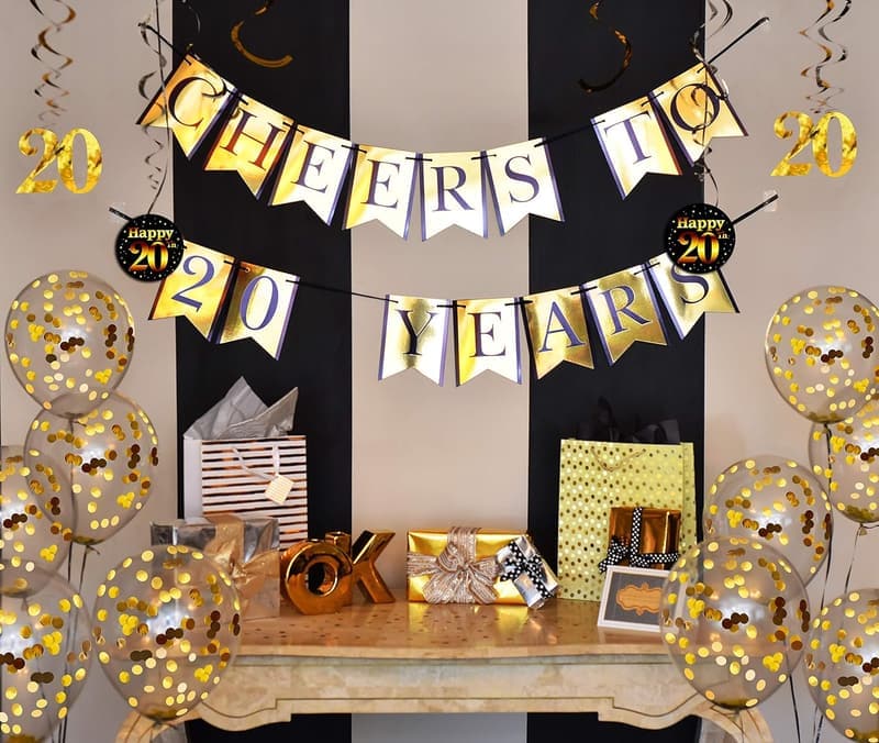 20th Birthday Party Decorations Pack - Banner, Balloons & Confetti