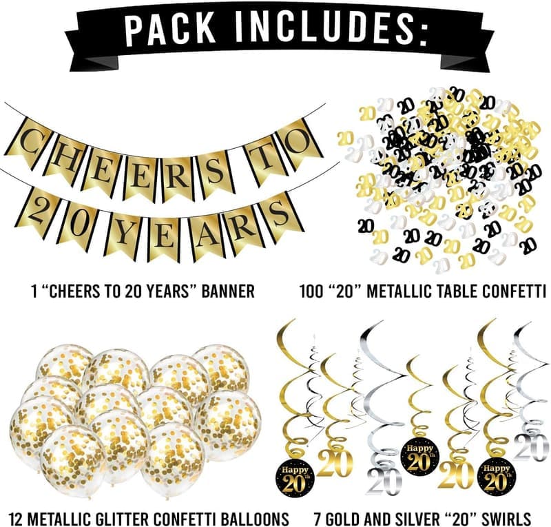 20th Birthday Party Decorations Pack - Banner, Balloons & Confetti