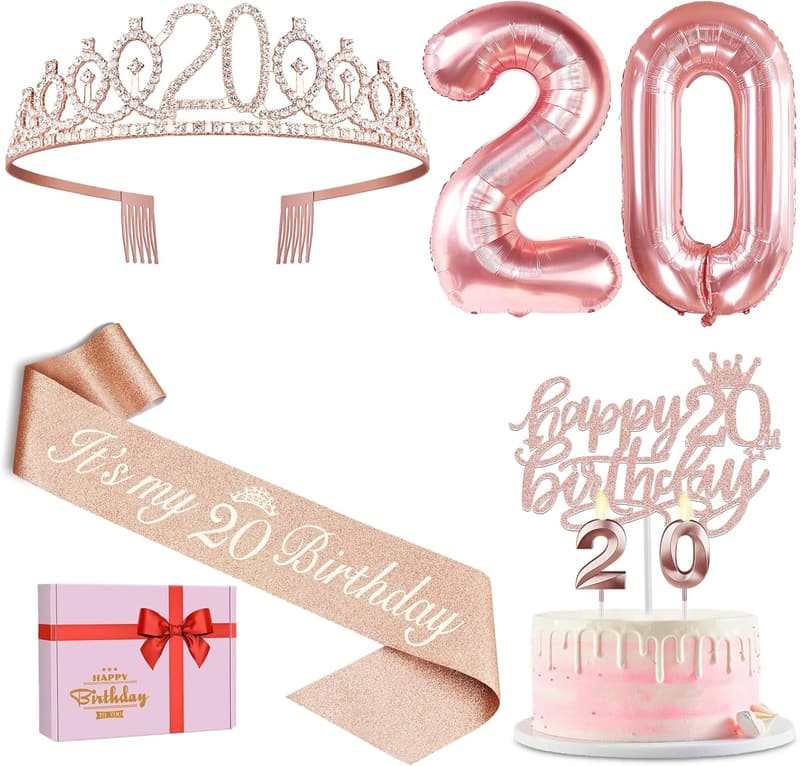 20th Birthday Decorations Set for Women – Sash, Tiara & Balloons