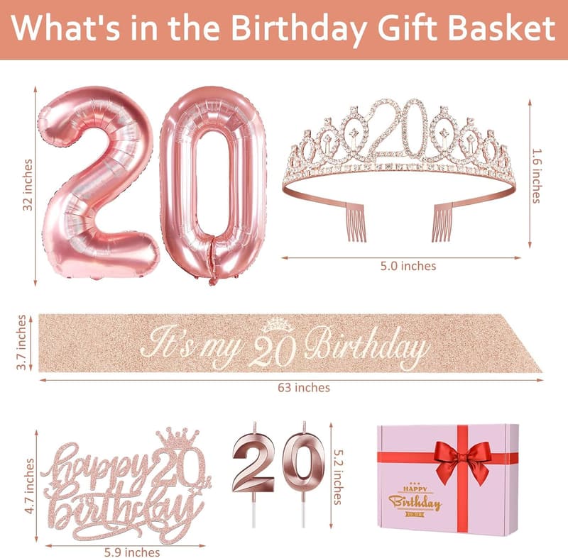20th Birthday Decorations Set for Women – Sash, Tiara & Balloons