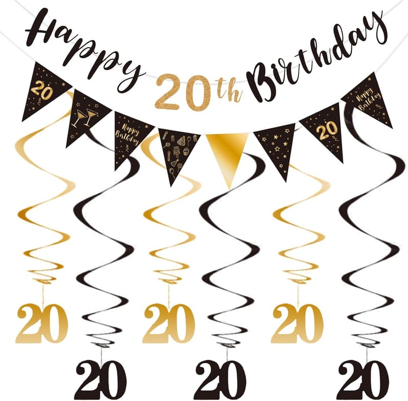 20th Birthday Decoration Kit - Black & Gold Banners & Streamers