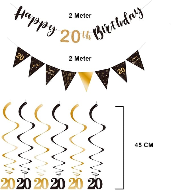 20th Birthday Decoration Kit - Black & Gold Banners & Streamers