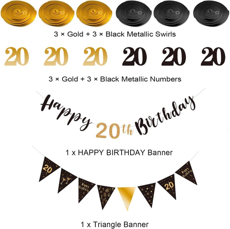 20th Birthday Decoration Kit - Black & Gold Banners & Streamers