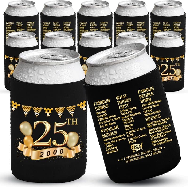 25th Birthday Party Decorations - Black & Gold Can Cooler Sleeves, 12-Pack