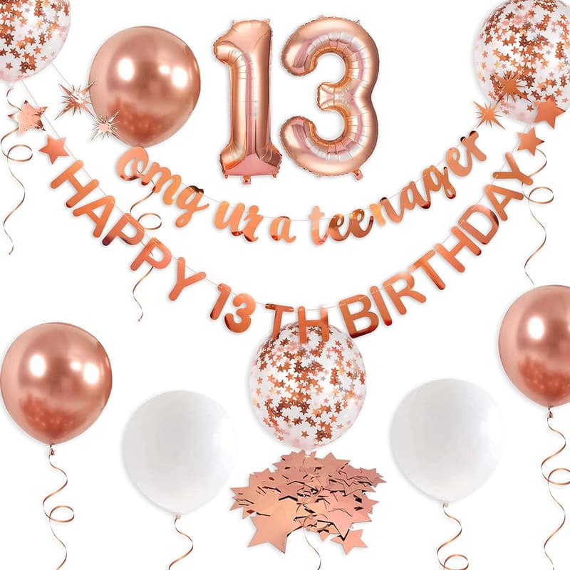 Happy 13th Birthday Rose Gold Banner & Balloon Decoration