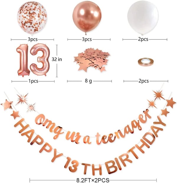Happy 13th Birthday Rose Gold Banner & Balloon Decoration