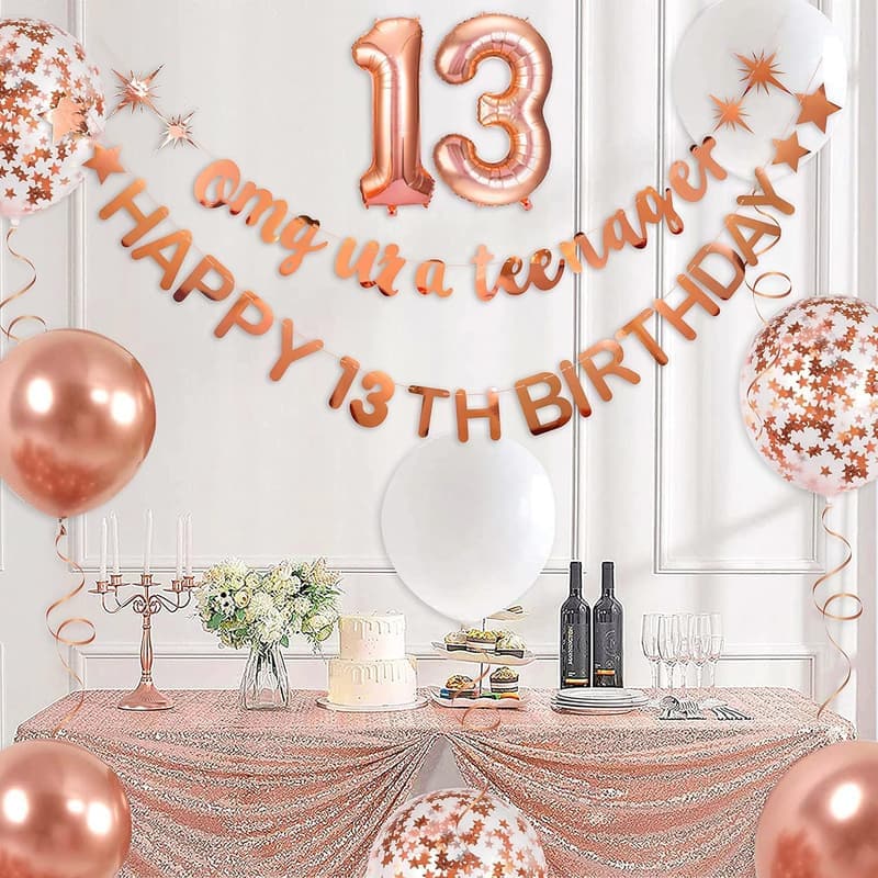 Happy 13th Birthday Rose Gold Banner & Balloon Decoration