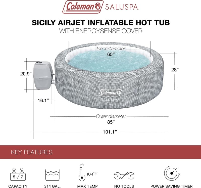 SaluSpa Sicily Inflatable Hot Tub for 5-7 People, Grey